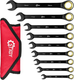 9PCS Anti-Slip Ratcheting Combination Wrench Set, Metric 8-19 Mm, 72-Tooth, Cr-V Steel, 12 Point with Roll up Pouch