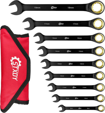 9PCS Anti-Slip Ratcheting Combination Wrench Set, Metric 8-19 Mm, 72-Tooth, Cr-V Steel, 12 Point with Roll up Pouch