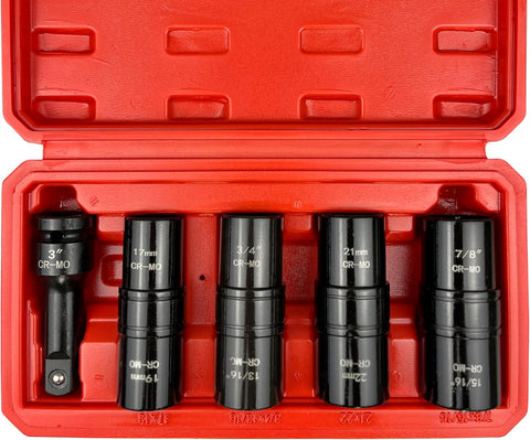 5PCS 1/2" Drive Impact Socket Set,Flip Socket Set,Metric（17X19，21X22 Mm） & Sae（3/4X13/16,7/8X15/16In) with 3” Extension Bar,Cr-Mo Steel，Double Ended Thin Wall Nut Sockets