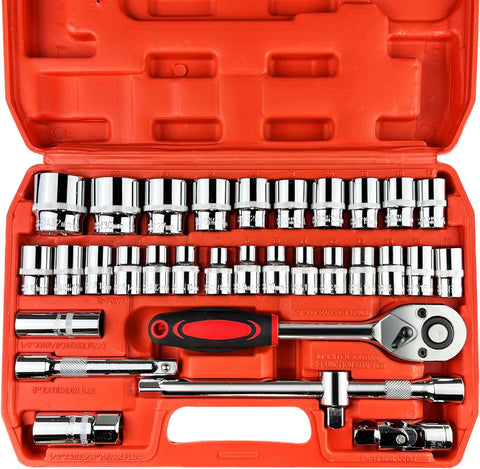 32Pcs 1/2" Drive Impact Socket Set,Metric, Deep with 3/8"F to 1/2"M Universal Joint,Extension Bar (5” & 10”),Ratchet Wrench,Spark Plug Socket,6 &12 Point,Cr-V Steel,Mirror Chrome