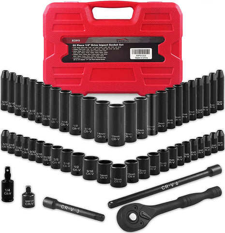 55Pcs 1/4" Impact Socket Sets,Sae/Metric, Deep/Shallow, 6 Point，Cr-V Steel，(5/32"-9/16", 4-15Mm) Sockets with 72 Tooth Ratchet，Extension Bar，Universal Joint and Socket Adapter