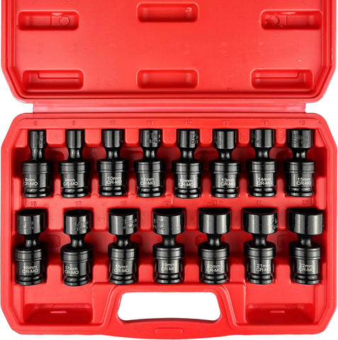 15PCS 3/8" Drive Shallow Universal Impact Socket Set,Swivel Socket Set,Metric Flexible Wobble Sockets, Cr-Mo,8-22Mm, 6 Point