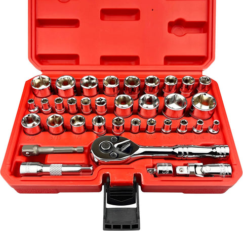 35Pcs 1/4"&3/8” Drive Impact Socket Set,Drive Master Socket Set,Sae/Metric with 3/8" Drive Head Ratchet,Drill Adapter,Extension Bar,6 Point,Cr-V Steel，Mirror Chrome